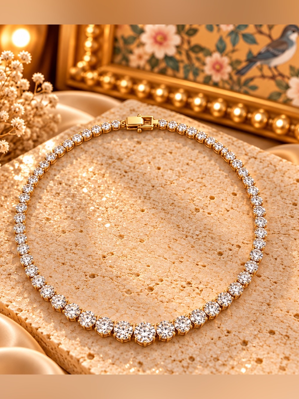 Gold Tone Crystal Tennis Necklace Graduated Statement Jewelry